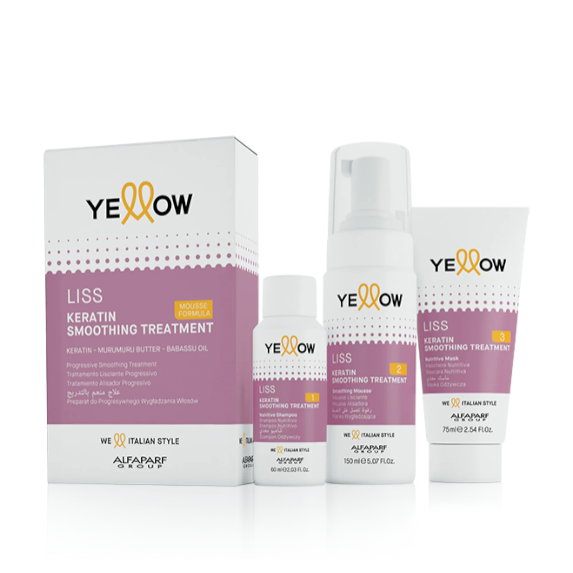 YELLOW PROFESSIONAL LISS KERATIN SMOOTHING SET Profesjonalny zestaw do wygładzania włosów 60 ml+150 ml+75 ml