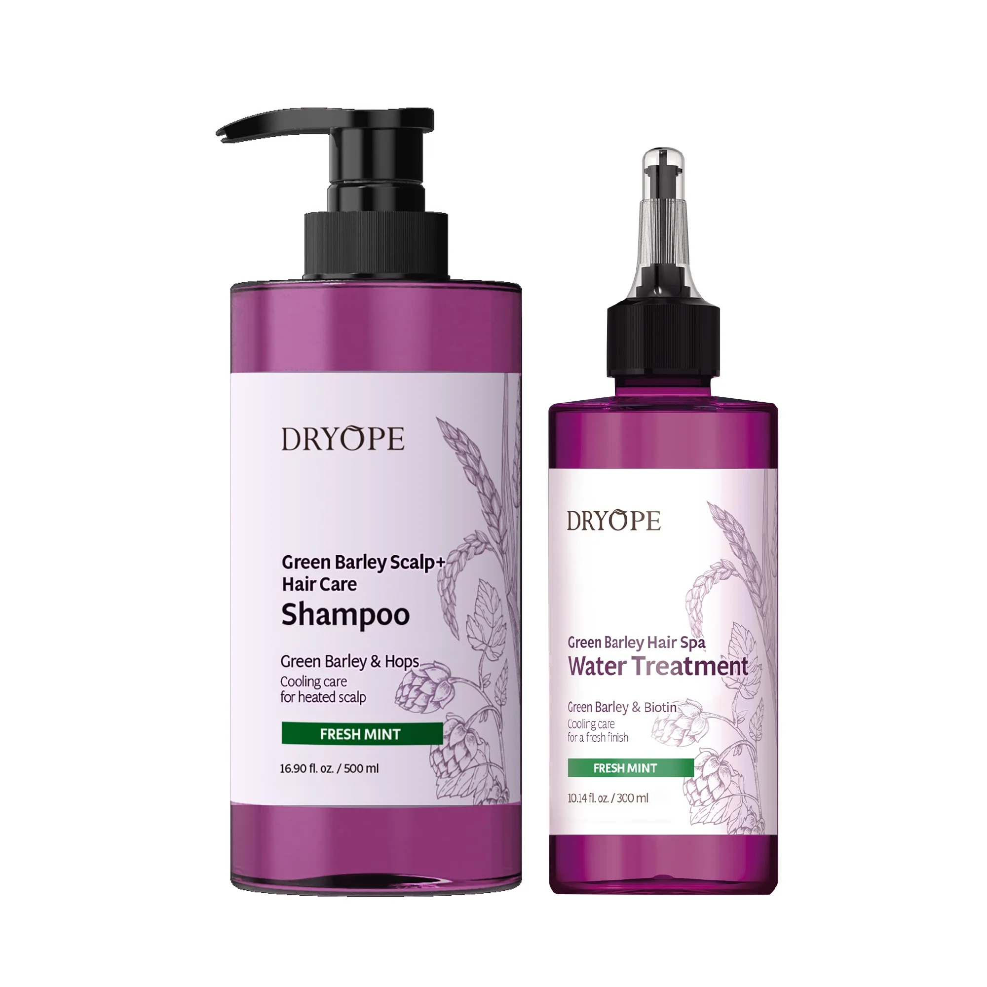 DRYOPE FRESH MINT Zestaw, Wegański szampon 500 ml + Kompleksowa kuracja wodna 300 ml