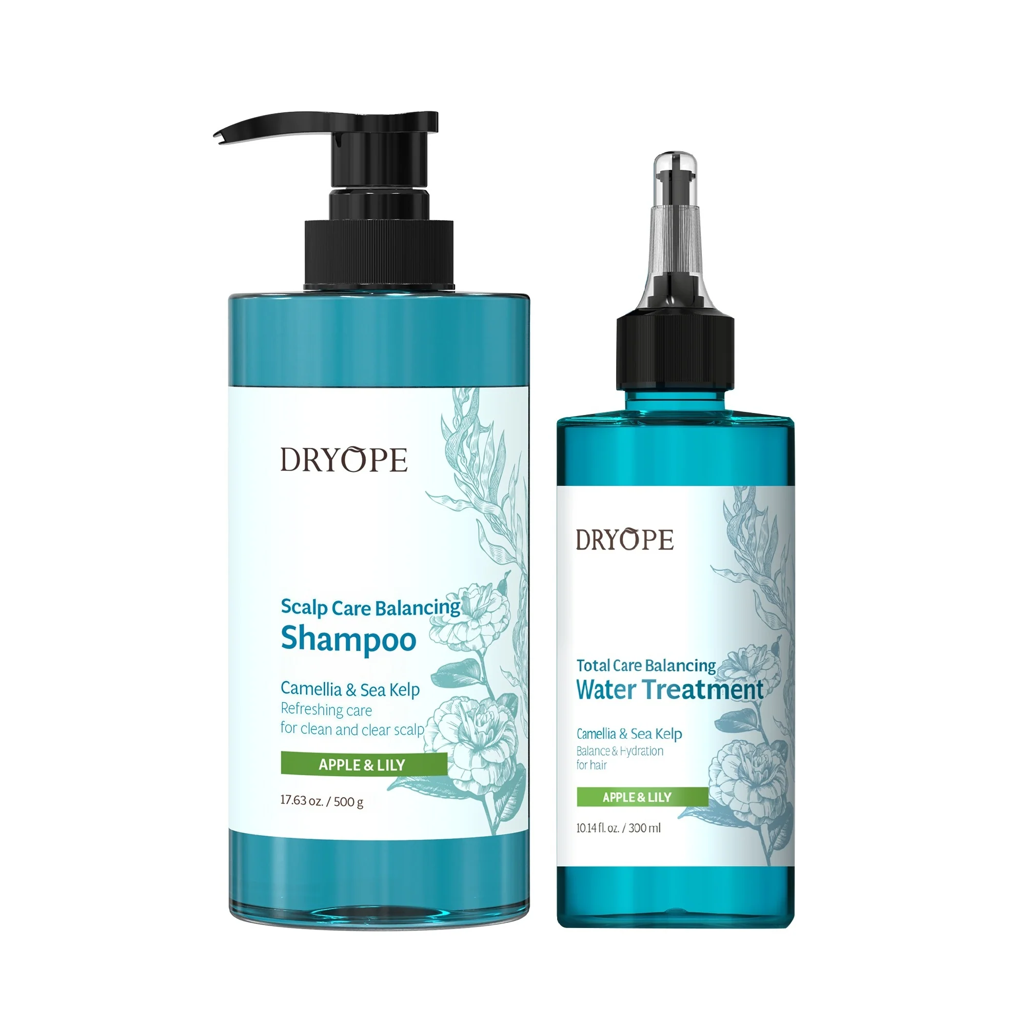 DRYOPE APPLE & LILY Zestaw, Wegański szampon 500 ml + Równoważąca kuracja wodna 300 ml