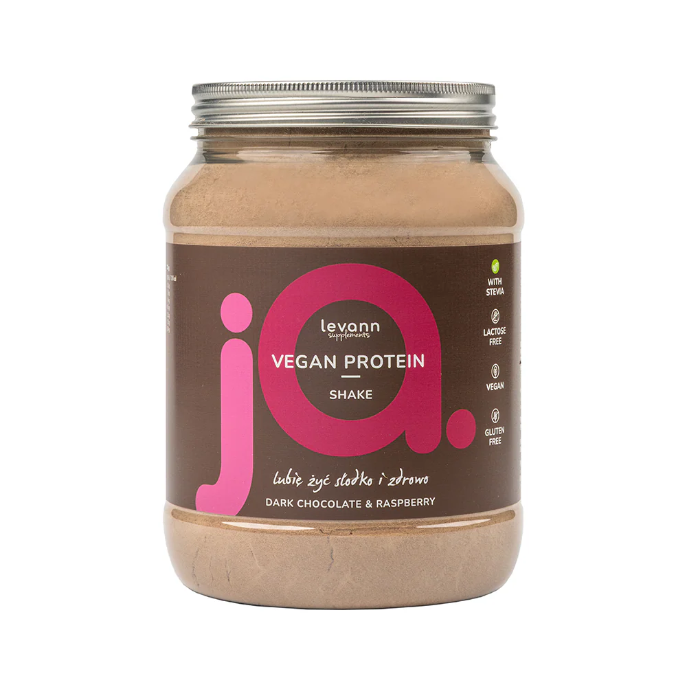 LEVANN “jA” SUPPLEMENTS VEGAN PROTEIN Wegańskie proteinowe białko o smaku gorzkiej czekolady z malinami, w proszku 500 g