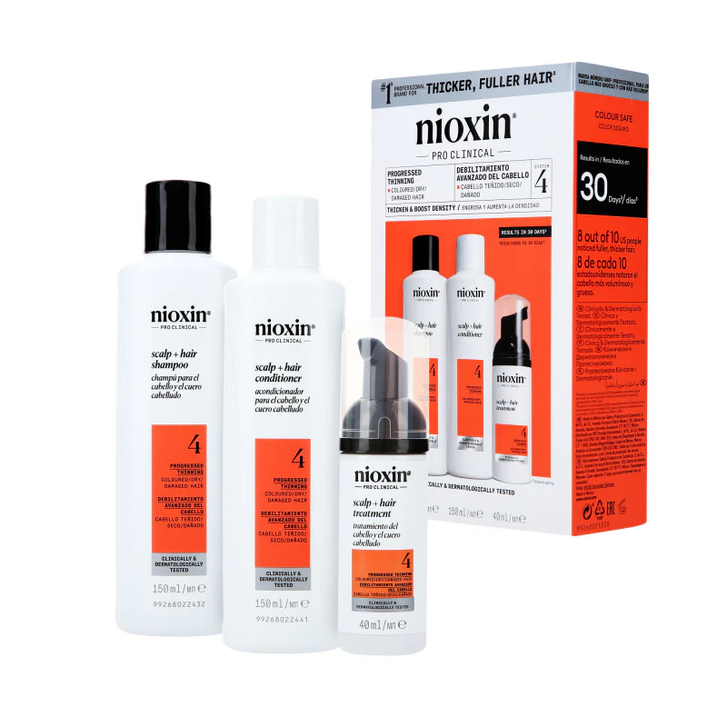 NIOXIN PRO CLINICAL 4 Trzystopniowy zestaw do włosów farbowanych z postępującym przerzedzeniem 2 x 150 ml + 40 ml