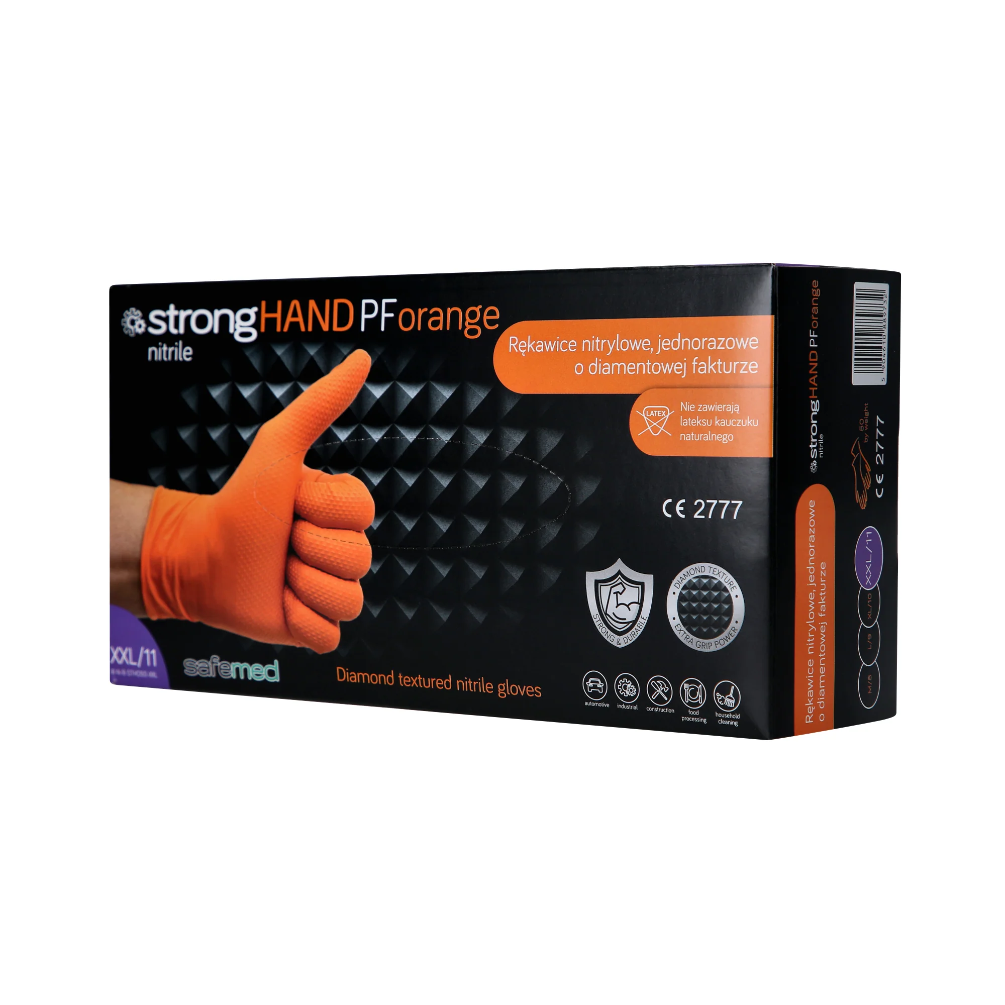 SAFEMED STRONG HAND PF Mocne rękawiczki jednorazowe nitrylowe o diamentowej fakturze Orange XXL 50 szt.
